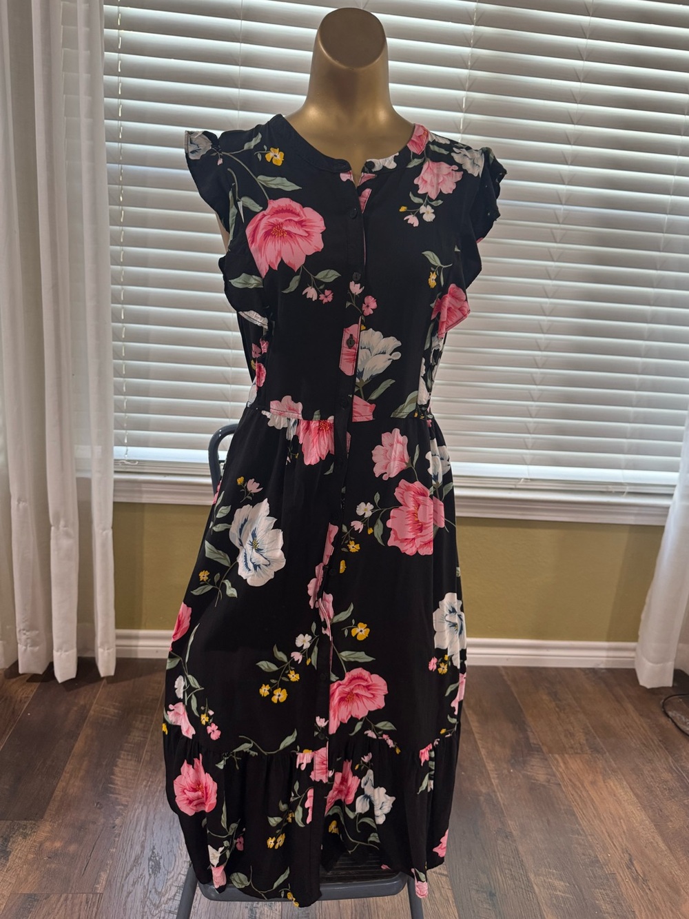 Old Navy Black Maxi Dress with Pink and White Floral Print